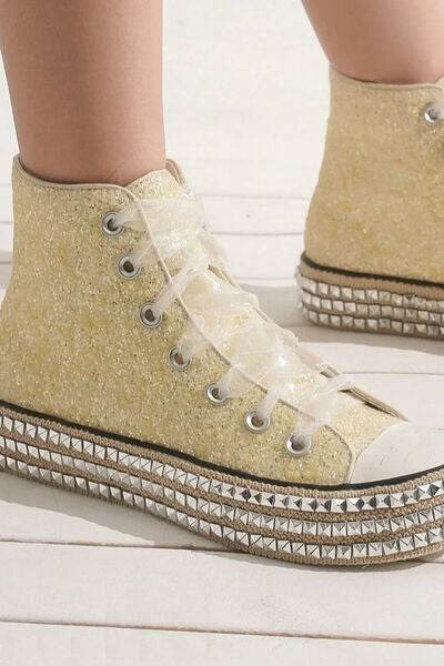 Beast Fashion Glitter Lace-Up Studded Platform Sneakers - Hovatok