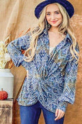 And The Why Print Twist Knot Long Sleeve Blouse - Hovatok