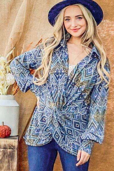 And The Why Print Twist Knot Long Sleeve Blouse - Hovatok