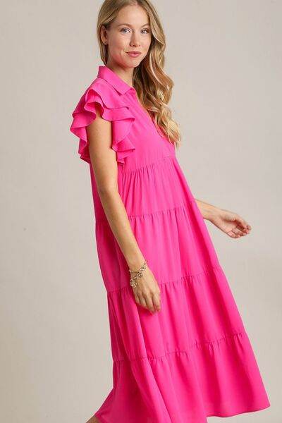 Umgee Full Size Johnny Collar Ruffle Cap Sleeve Tiered Dress Plus Size - Hovatok