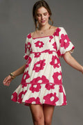 Umgee Full Size Contrast Floral Short Sleeve Mini Dress Plus Size - Hovatok