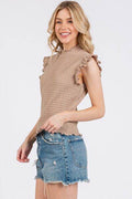 Ces Femme Texture Mock Neck Ruffle Cap Sleeve Blouse - Hovatok