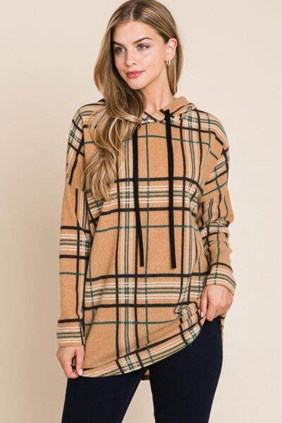 BOMBOM Drawstring Plaid Long Sleeve Hoodie - Hovatok