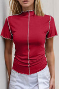 Basic Bae Contrast Trim Mock Neck Short Sleeve T-Shirt - Hovatok