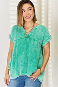 Zenana Washed Raw Hem Short Sleeve Blouse with Pockets - Hovatok