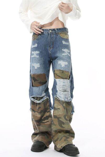 Distressed Camouflage Patchwork Jeans - Hovatok