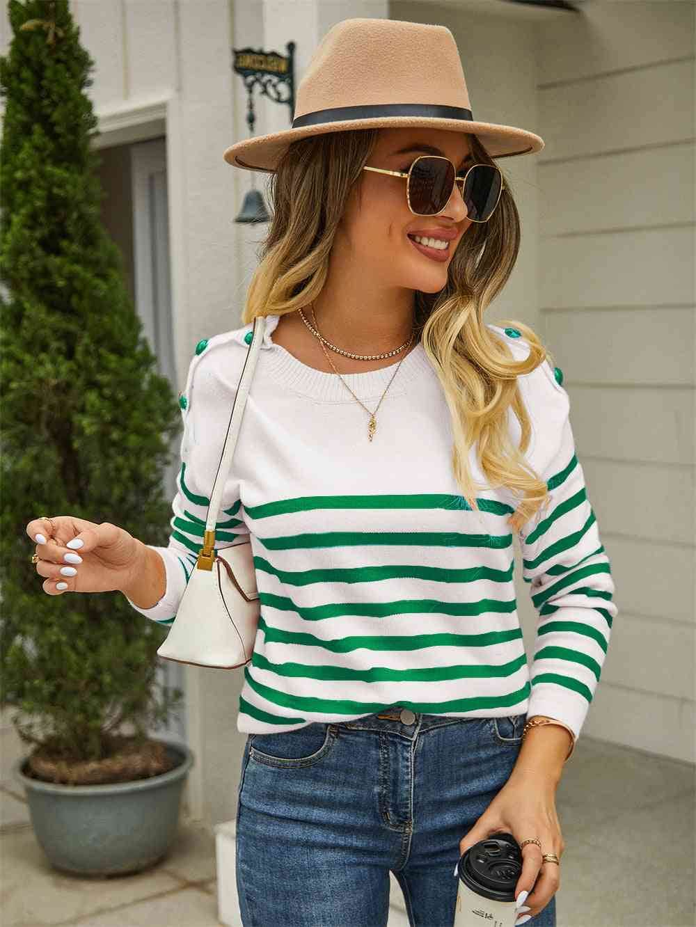 Angel Wings Round Neck Shoulder Button Striped Pullover Sweater - Hovatok
