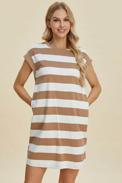Basic Bae Full Size Striped Round Neck Cap Sleeve Mini Dress - Hovatok