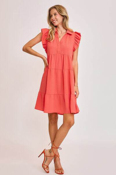 Umgee Full Size Johnny Collar Ruffle Cap Sleeve Tiered Dress Plus Size - Hovatok