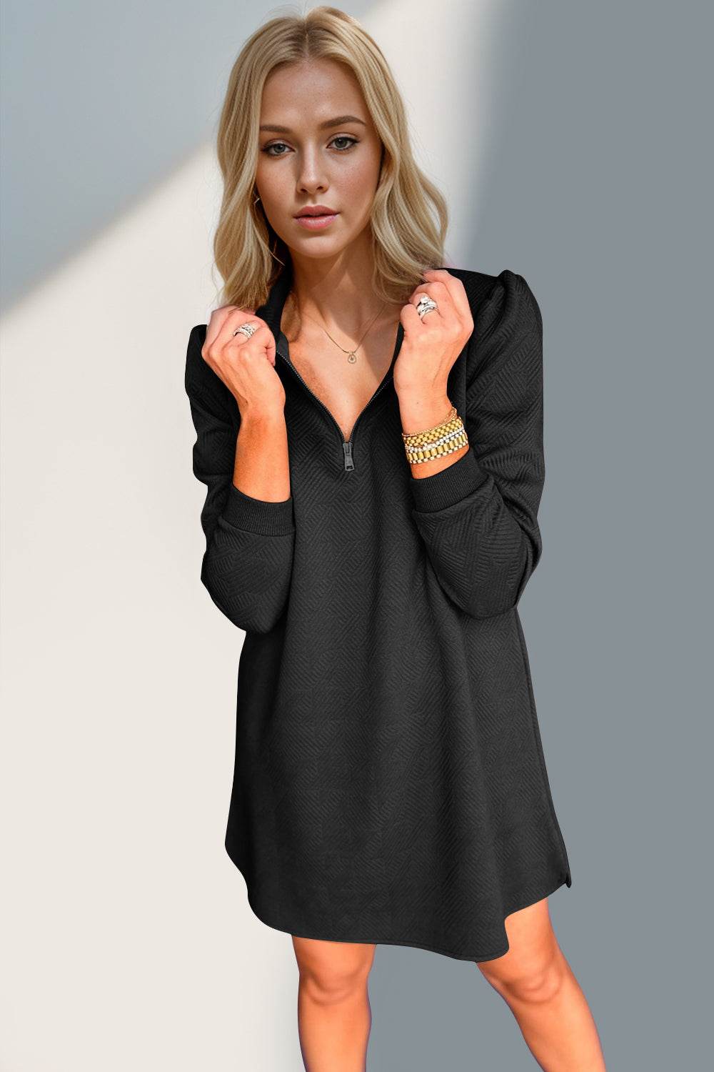 Double Take Textured Quarter Zip Long Sleeve Dress - Hovatok