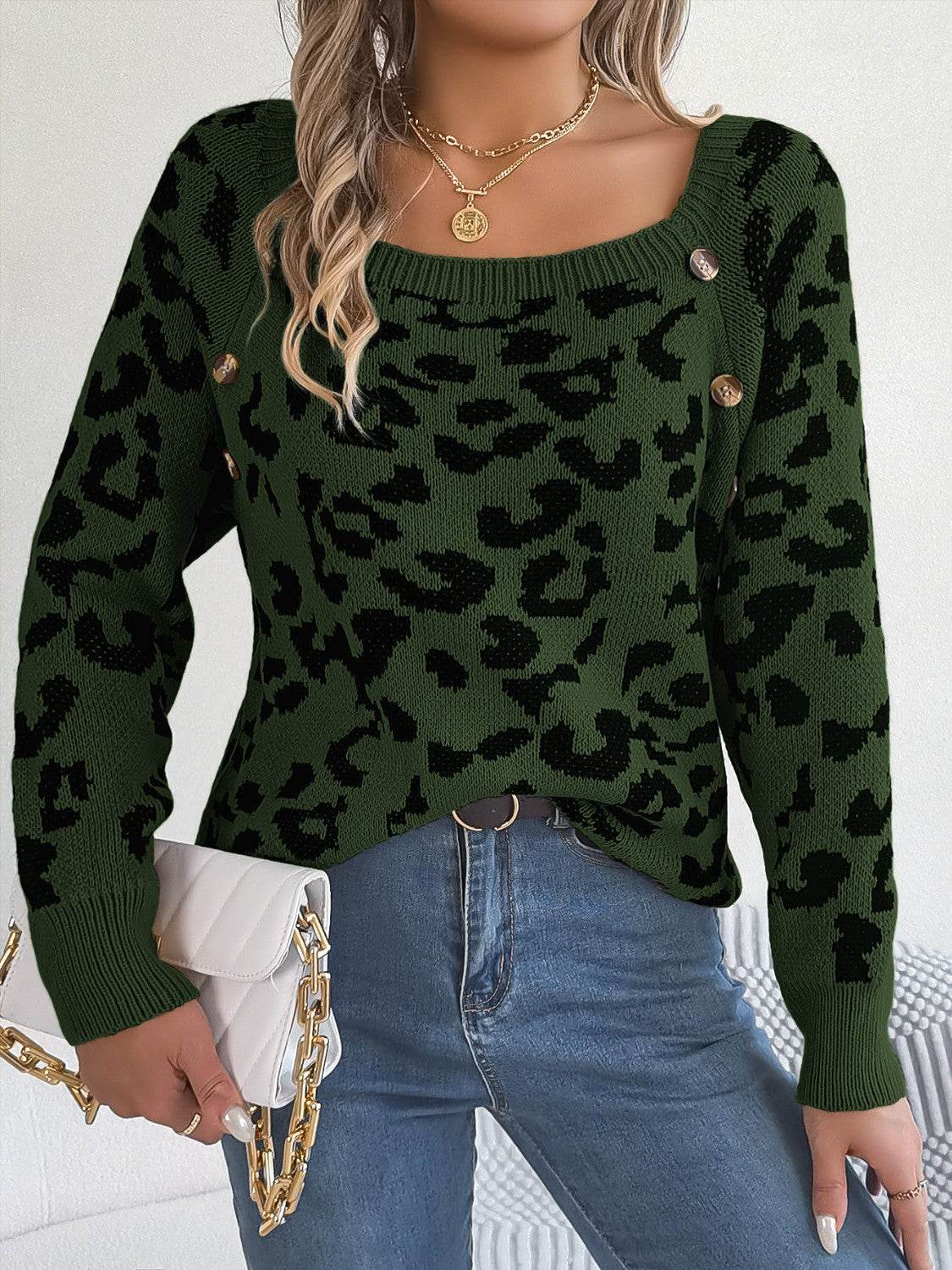 Leopard Buttoned Square Neck Sweater - Hovatok
