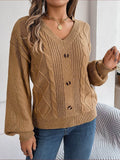 Cable-Knit Buttoned V-Neck Sweater - Hovatok