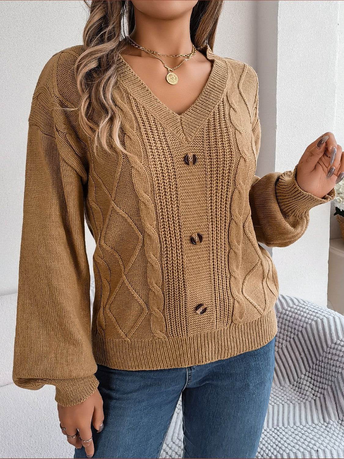 Cable-Knit Buttoned V-Neck Sweater - Hovatok