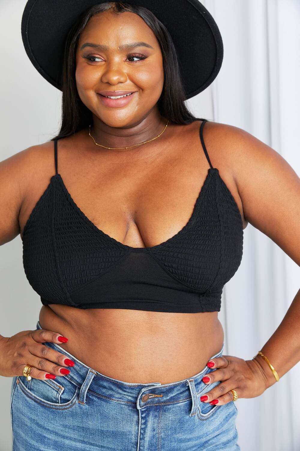 Zenana Full Size Textured Spaghetti Strap Bralette in Black - Hovatok