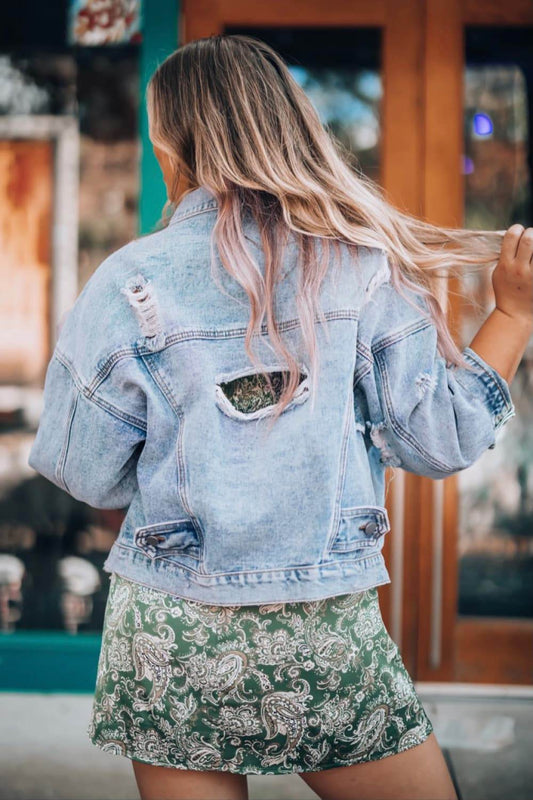 Distressed Drop Shoulder Denim Jacket - Hovatok