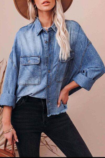 Collared Neck Raw Hem Long Sleeve Denim Shirt - Hovatok