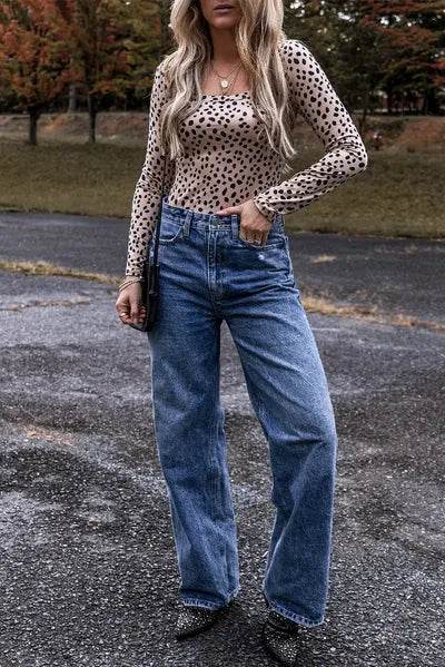 Animal Print Scoop Neck Long Sleeve Bodysuit - Hovatok