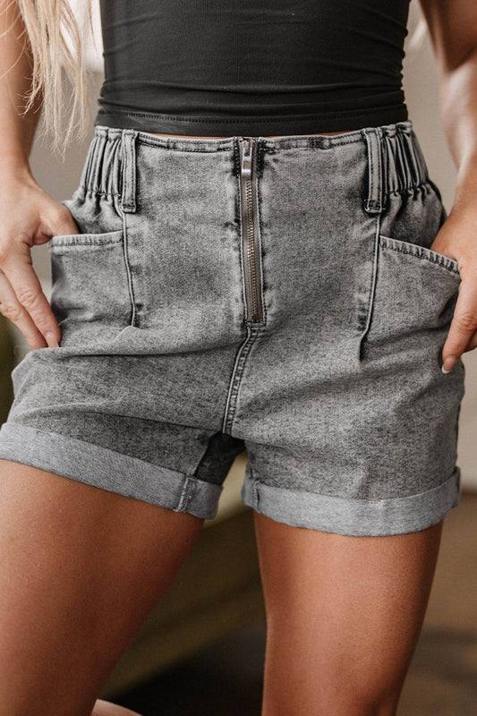 Zipped Cuffed Edge Denim Shorts - Hovatok