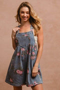 BiBi Flower Printed Wide Strap Denim Overalls - Hovatok