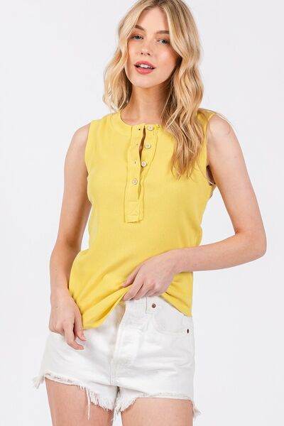 Ces Femme Stitch Detail Half Button Ribbed Tank - Hovatok