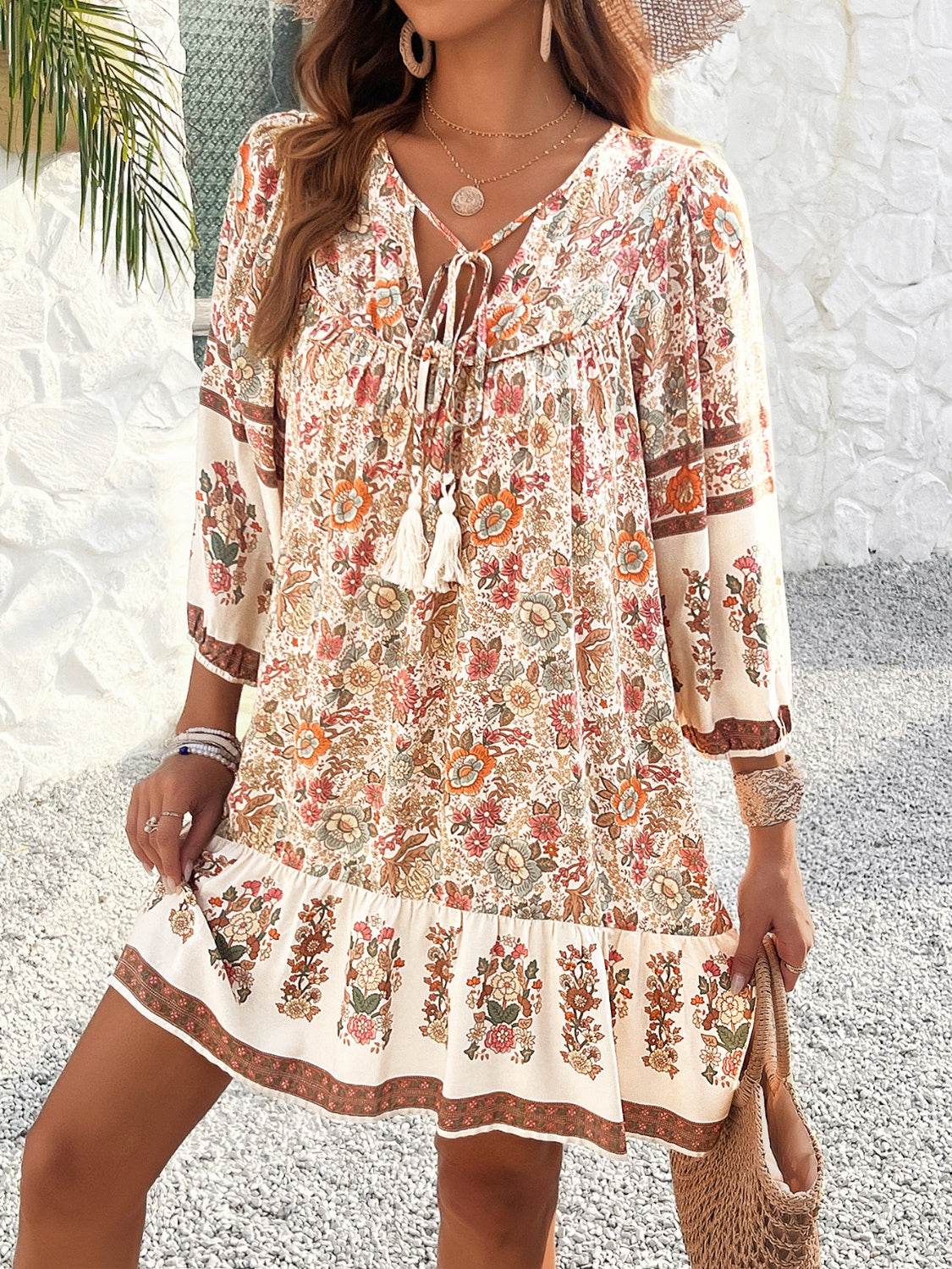 Devine Tassel Floral Tie Neck Mini Dress - Hovatok