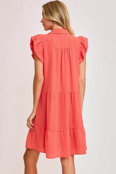 Umgee Full Size Johnny Collar Ruffle Cap Sleeve Tiered Dress Plus Size - Hovatok