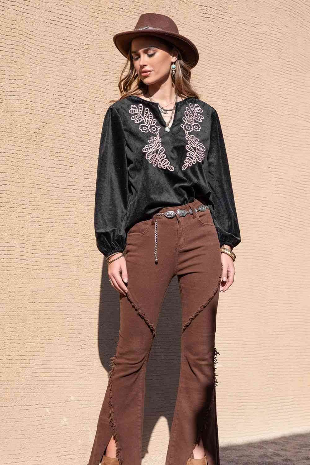 Notched Neck Long Sleeve Blouse - Hovatok