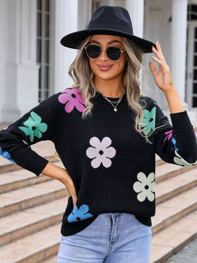 Angel Wings Flower Round Neck Long Sleeve Sweater - Hovatok