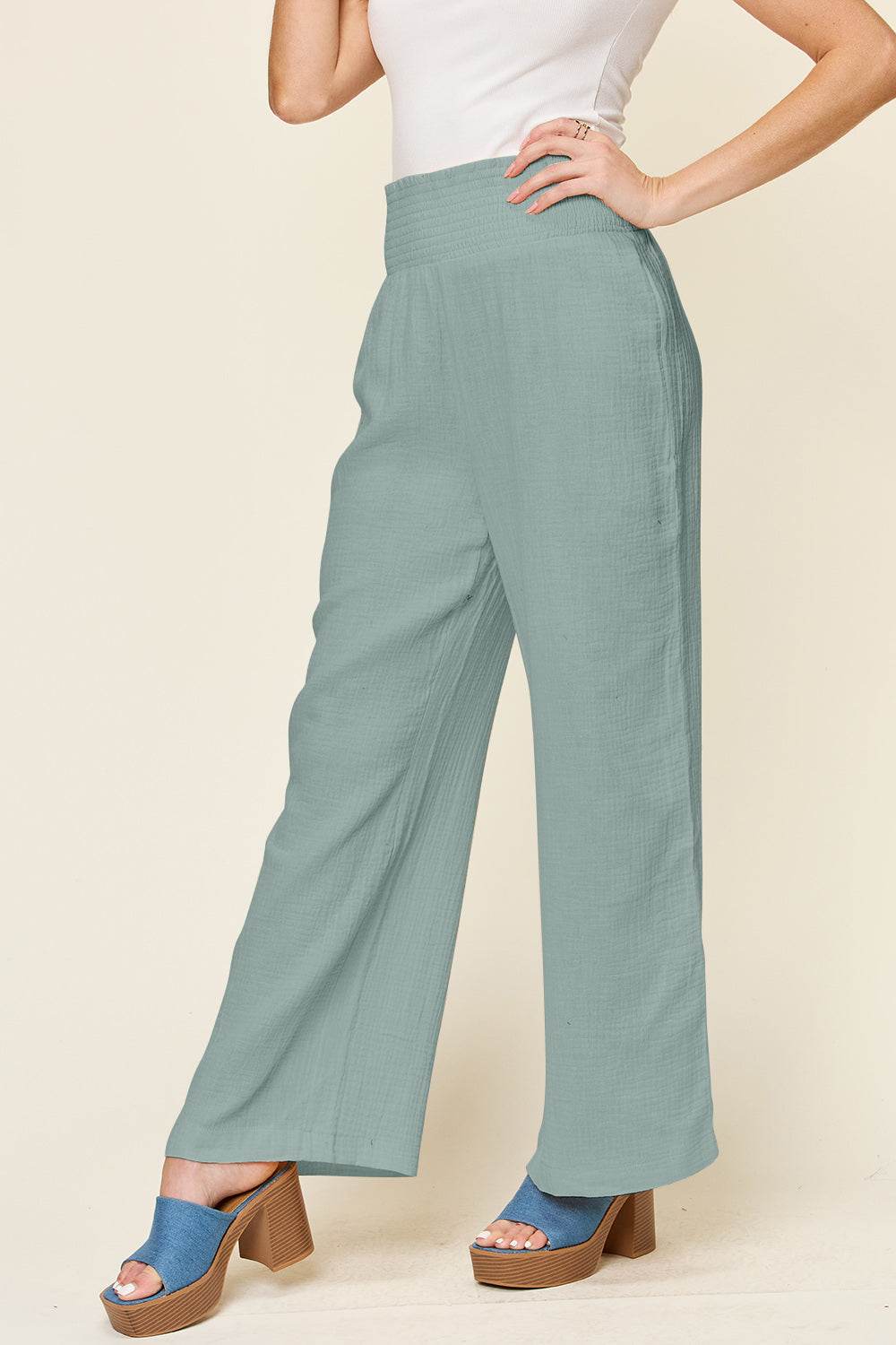 Double Take Full Size Texture Smocked Waist Wide Leg Pants - Hovatok
