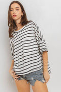 Ces Femme Side Slit Striped Round Neck Half Sleeve T-Shirt - Hovatok