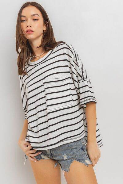 Ces Femme Side Slit Striped Round Neck Half Sleeve T-Shirt - Hovatok
