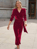 Surplice Puff Sleeve Midi Dress - Hovatok