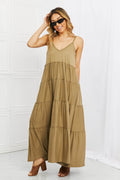 Zenana Full Size Spaghetti Strap Tiered Dress with Pockets in Khaki - Hovatok