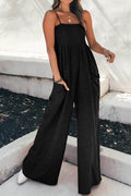 Smocked Spaghetti Strap Wide Leg Jumpsuit - Hovatok