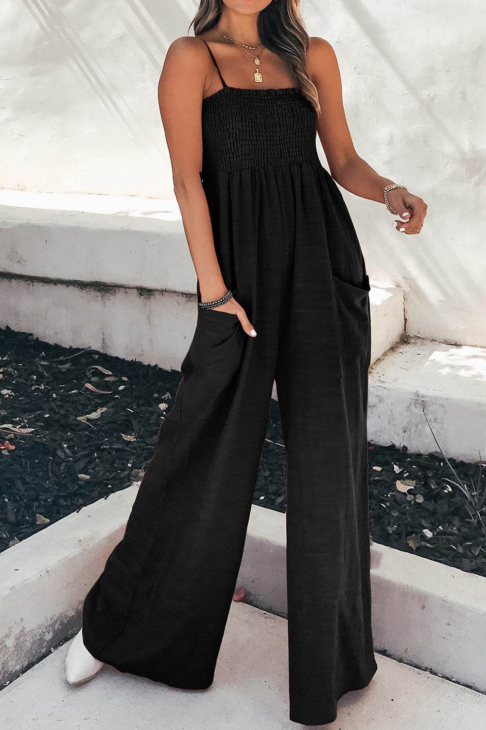 Smocked Spaghetti Strap Wide Leg Jumpsuit - Hovatok