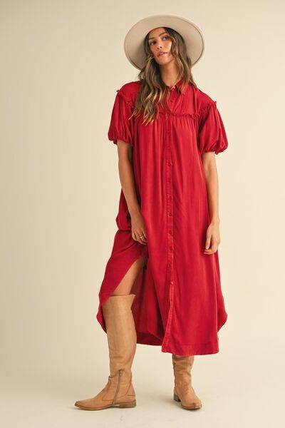 Annie Wear Mineral Washed Button Down Puff Sleeve Shirt Dress - Hovatok