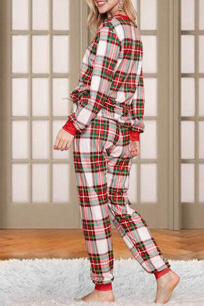 Plaid Round Neck Top and Pants Set - Hovatok