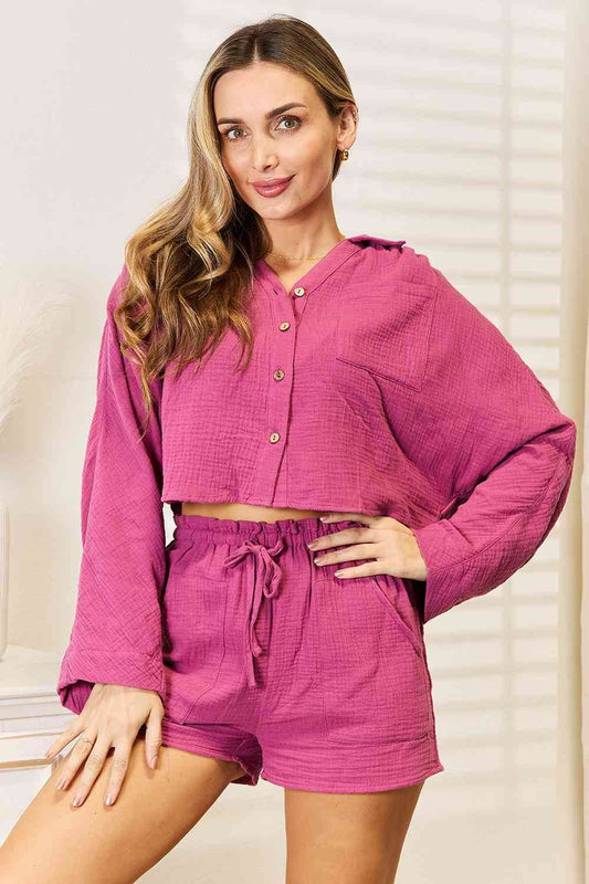 Basic Bae Buttoned Long Sleeve Top and Shorts Set - Hovatok