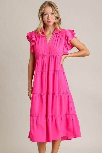 Umgee Full Size Johnny Collar Ruffle Cap Sleeve Tiered Dress Plus Size - Hovatok