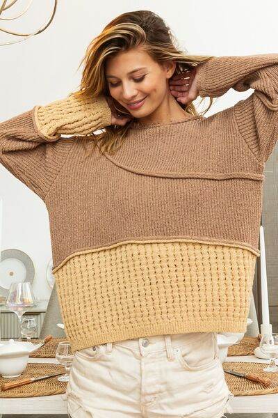 BiBi Texture Detail Contrast Drop Shoulder Sweater - Hovatok