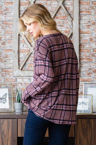 Heimish Full Size Plaid V-Neck Long Sleeve Top - Hovatok