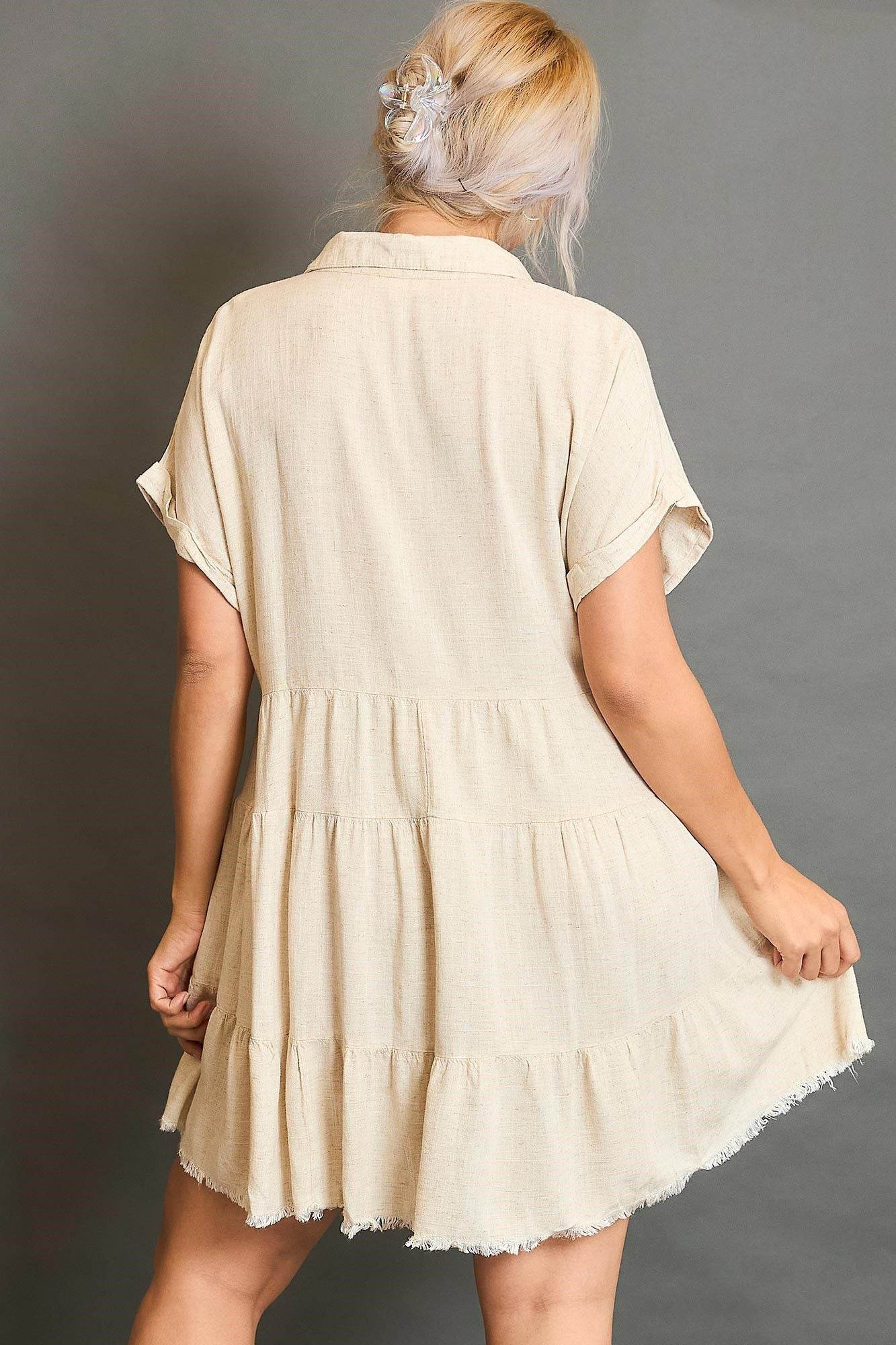 Umgee Full Size Raw Hem Folded Sleeve Tiered Dress Plus Size - Hovatok