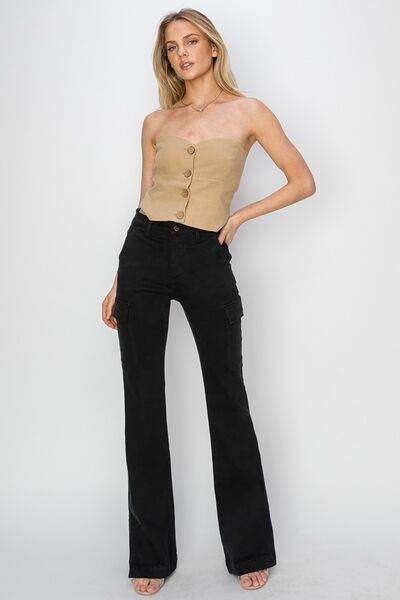 RISEN Full Size High Rise Side Slit Cargo Bootcut Jeans - Hovatok