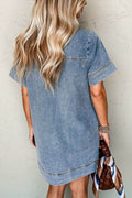 Short Sleeve Collared Patched Pocket Denim Mini Dress - Hovatok
