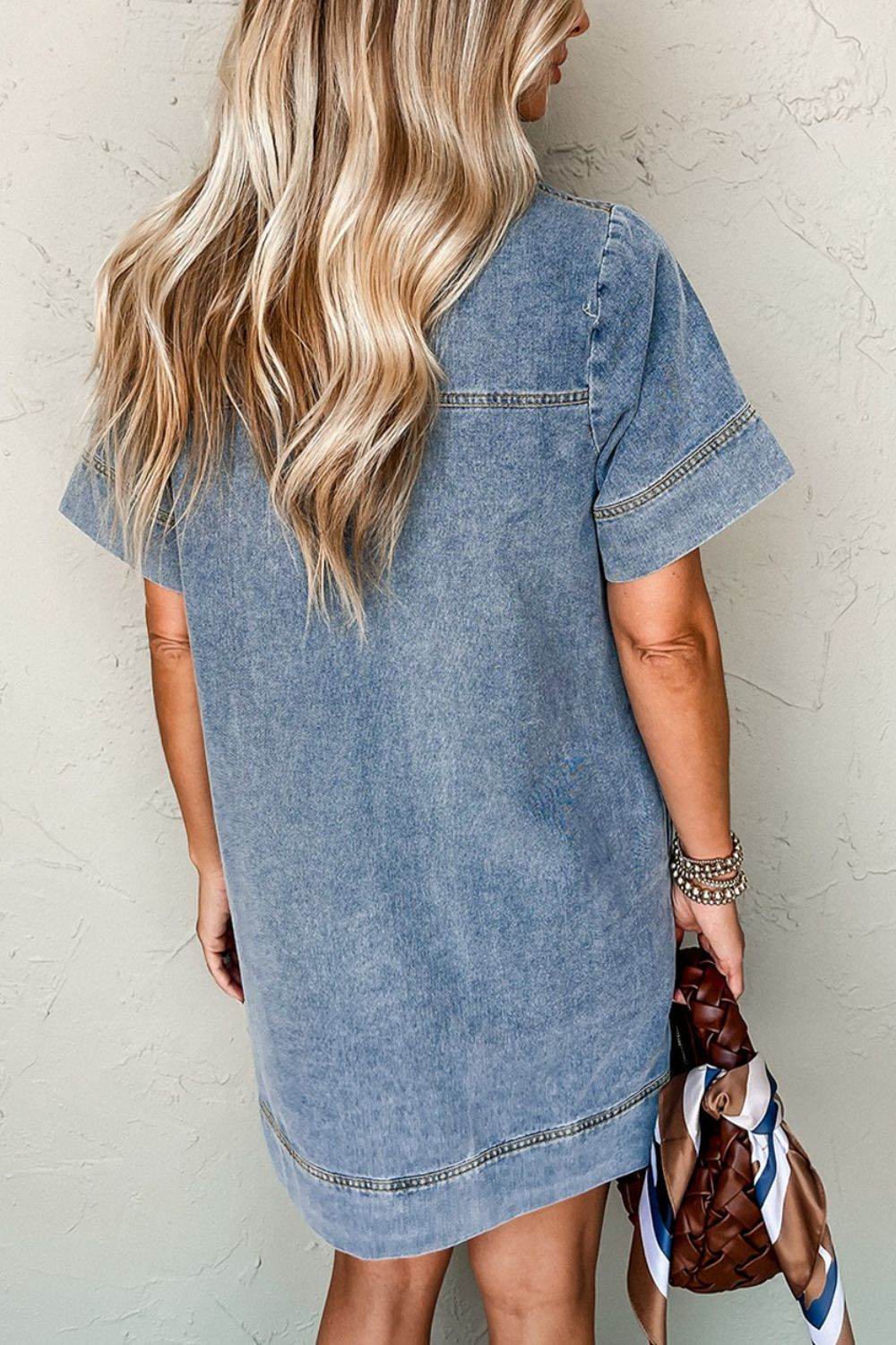 Short Sleeve Collared Patched Pocket Denim Mini Dress - Hovatok