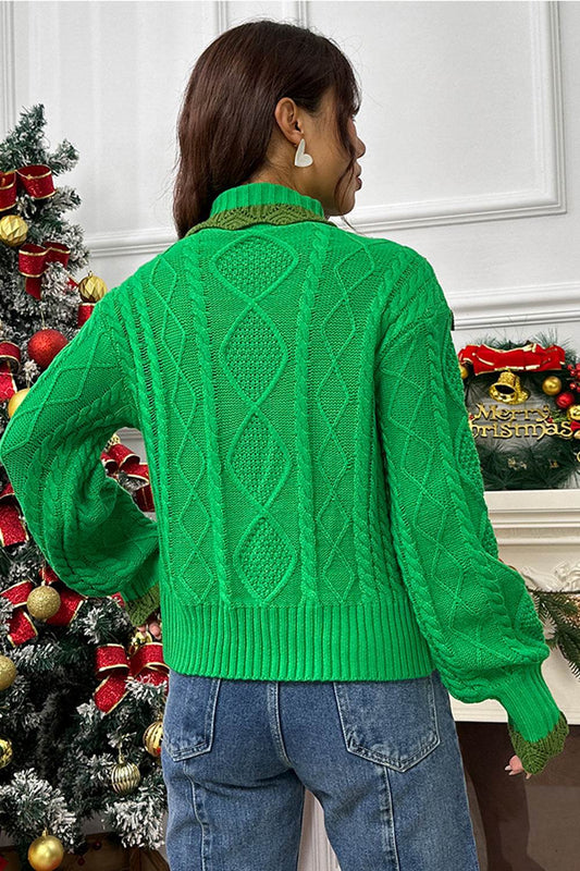 Cable-Knit Ruffled Mock Neck Lantern Sleeve Sweater - Hovatok