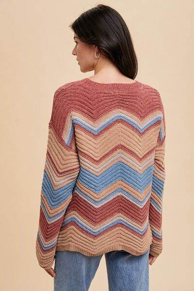 Annie Wear Multi Color Zig-Zag Round Neck Sweater - Hovatok