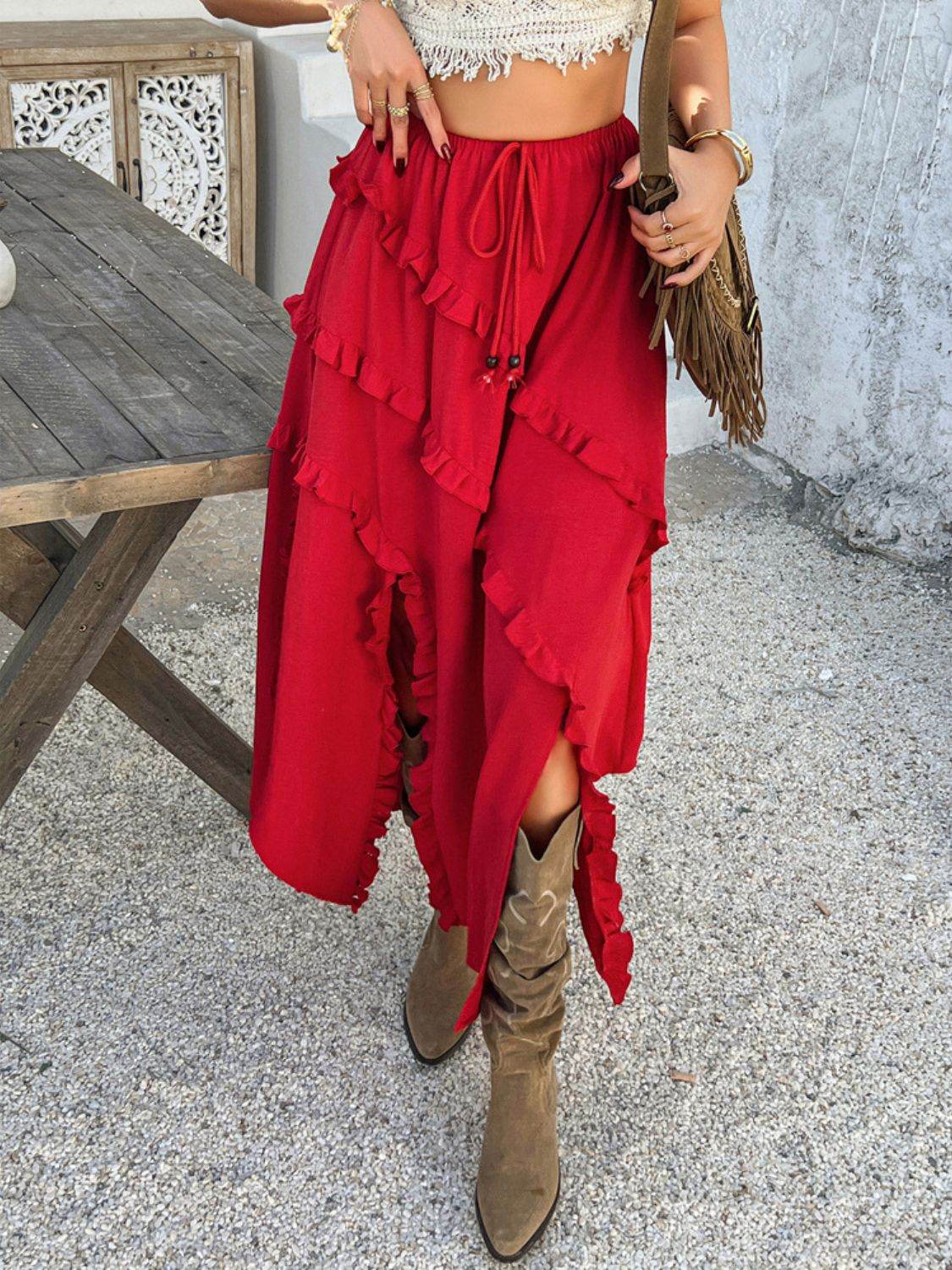 Devine Slit Drawstring Ruffled Skirt - Hovatok