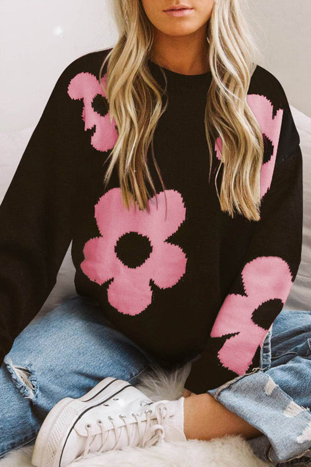 Round Neck Floral Pattern Color Contrast Design Long Sleeve Sweater - Hovatok