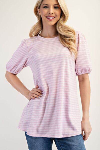 Celeste Full Size Gingham Print Top With Puff Sleeves Plus Size - Hovatok